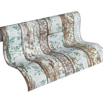 Rolo de papel de parede com padrão floral e textura madeira