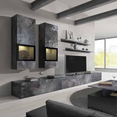 Móvel de sala de estar cinza escuro com televisão e prateleiras minimalistas