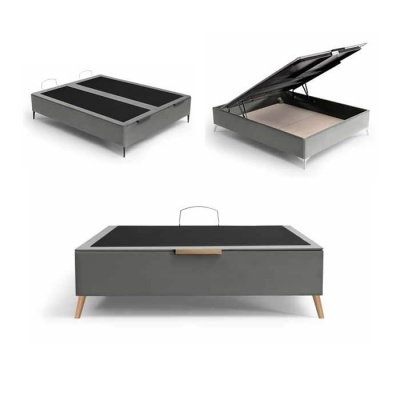 Cama cinza com armazenamento e pés de madeira