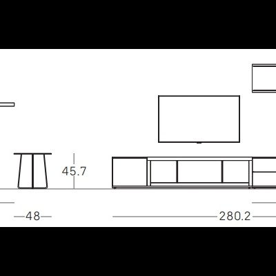 Desenho técnico de móvel com prateleiras, gavetas e mesa auxiliar, com medidas em centímetros.