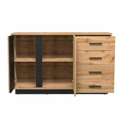 Aparador em madeira clara com portas abertas e gavetas