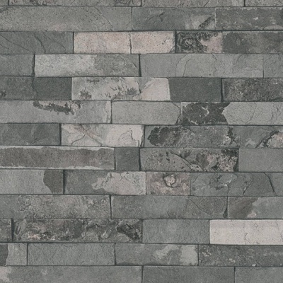 Parede de azulejos retangulares de pedra natural em tons de cinza