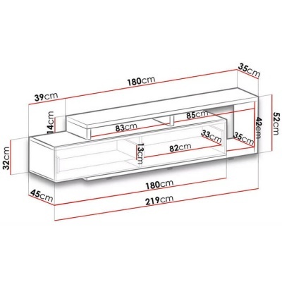 Estante branca para TV com medidas detalhadas em cm sobre fundo branco