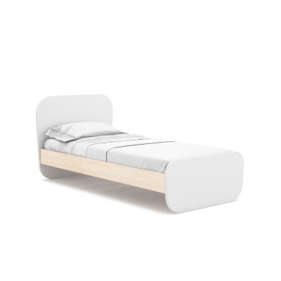 Cama individual branca e madeira clara com colchão e roupa de cama branca e cinza