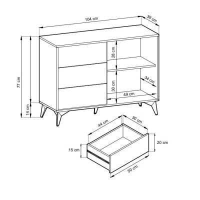 Móvel de madeira com gavetas e prateleiras, ilustrado com medidas em centímetros.