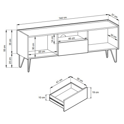 Desenho esquemático de móvel para TV branco com gaveta destacada e medidas em centímetros