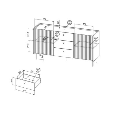 Desenho técnico de móvel aparador com gavetas e portas, incluindo medidas e detalhes