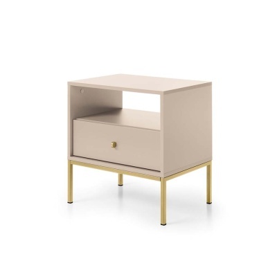 Mesa de cabeceira bege em madeira com gaveta e pés dourados