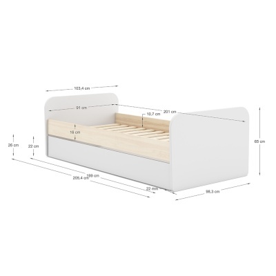 Cama de solteiro branca com estrutura em madeira e gaveta inferior