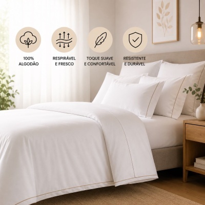 Conjunto branco de roupa de cama algodão 100% em quarto moderno