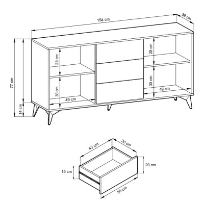 Desenho técnico de móvel de madeira com dimensões e gaveta destacada