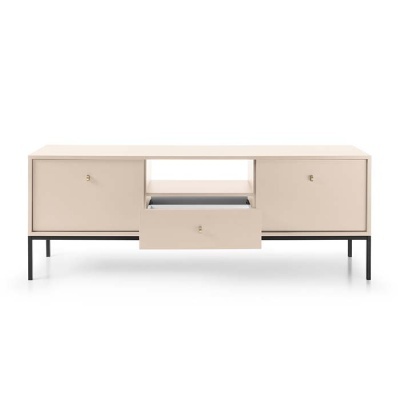 Móvel baixo bege com três portas e estrutura preta