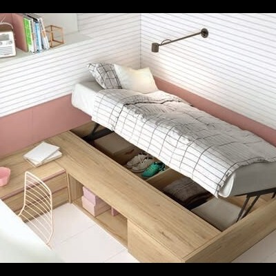 Cama individual de madeira com arrumação e colchão com capa xadrez numa sala branca