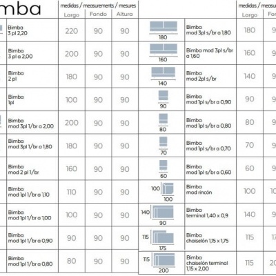Tabela de medidas do produto Bimba com várias dimensões e códigos.