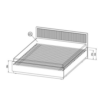 Desenho técnico em preto e branco de cama com cabeceira e estrado de ripas, com dimensões em milímetros