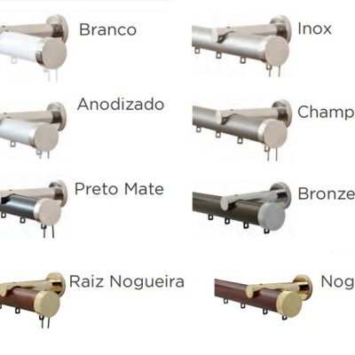 Varões de cortina com oito acabamentos diferentes em branco, inox, anodizado, champanhe, preto mate, bronze, raiz nogueira e nogal.