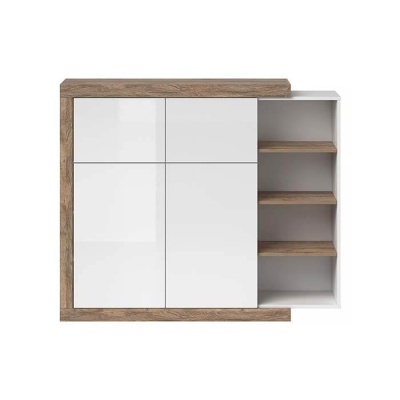 Móvel de parede em madeira castanha com portas brancas e prateleiras abertas