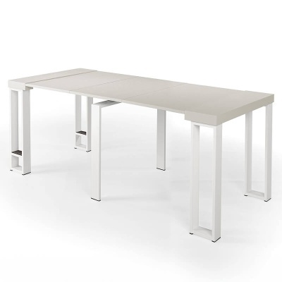 Mesa extensível branca com tampo liso e pernas quadradas tubulares