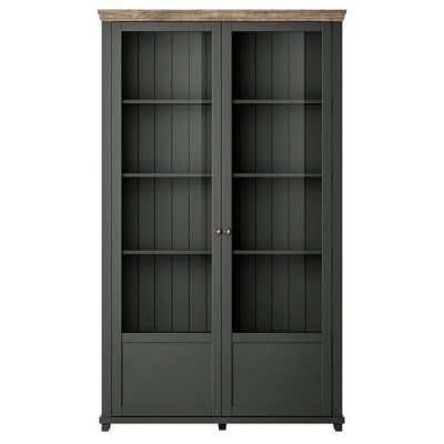 Armário de madeira cinza escuro com tampo em madeira natural e portas com painéis