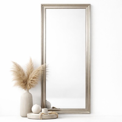 Espelho grande com moldura prateada e decoração minimalista ao lado