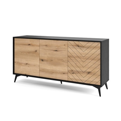 Aparador preto com portas de madeira clara e padrão geométrico