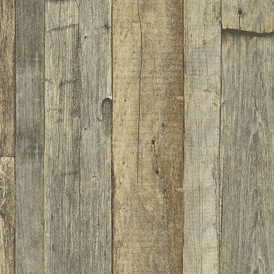 Painéis de madeira reciclada em tons de cinza e bege com textura rugosa