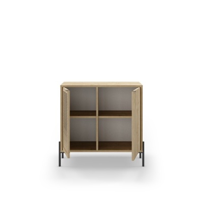 Móvel de armazenamento em madeira clara com portas de correr e pernas metálicas pretas