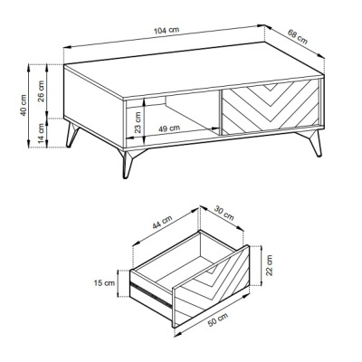 Mesa de centro em madeira com gaveta padrão em V e medidas