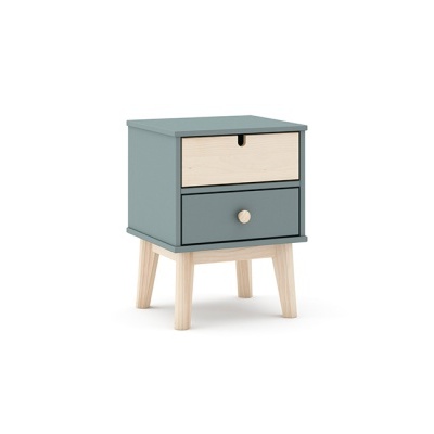 Mesa de cabeceira cinza com duas gavetas e pés de madeira clara