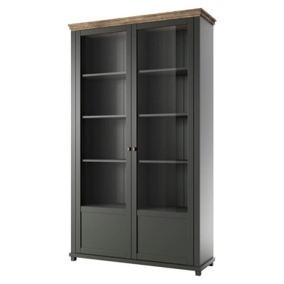 Estante preta com portas de vidro e detalhes em madeira clara