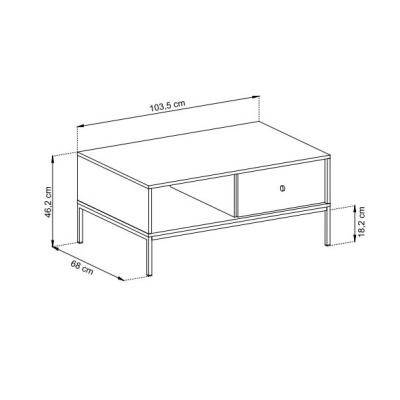 Desenho técnico de mesa retangular com gaveta e compartimento aberto, com dimensões indicadas
