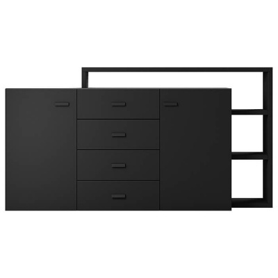 Aparador preto com puxadores e estrutura aberta ao lado