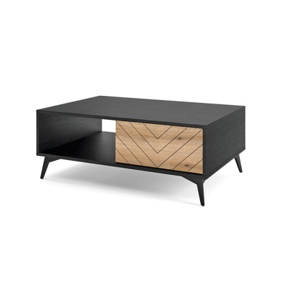 Mesa de centro preta com gaveta em madeira natural e padrão geométrico
