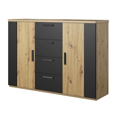 Aparador em madeira clara com gavetas e portas pretas