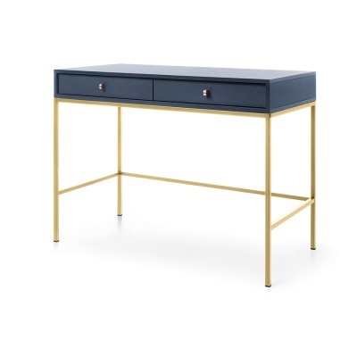 Secretária azul escuro com pernas douradas e gavetas