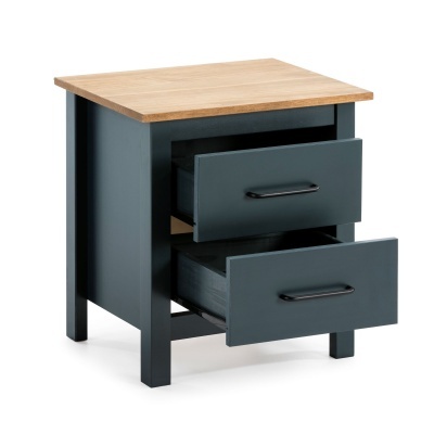 Mesa de cabeceira cinza escuro com tampo em madeira clara e duas gavetas abertas