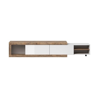 Móvel de parede moderno em madeira castanha e branco com estantes e portas