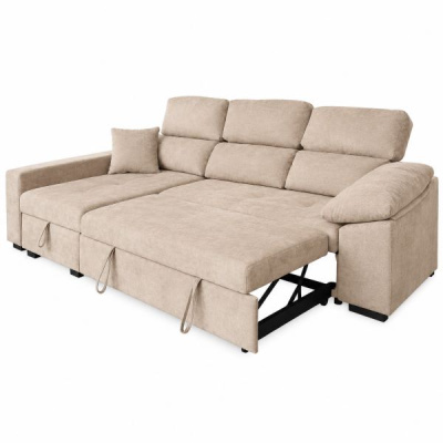 Sofá-cama bege claro com estrutura metálica e almofadas