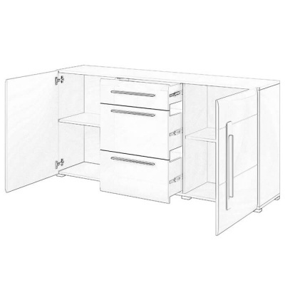 Móvel de armazenamento branco com portas e gavetas abertas numa vista frontal