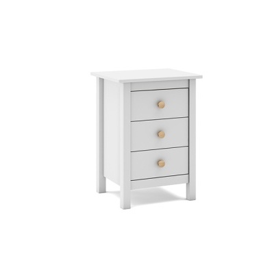 Móvel auxiliar com três gavetas brancas e puxadores de madeira clara