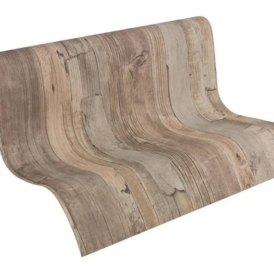 Rolo de papel de parede com padrão de madeira envelhecida em tons castanhos e cinza