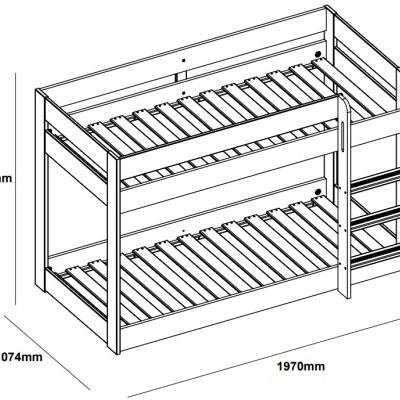 Desenho técnico de cama beliche em madeira com escada lateral e medidas