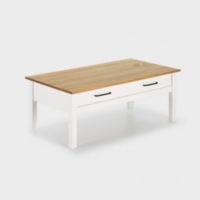 Mesa de centro madeira clara tampo e estrutura branca com gavetas