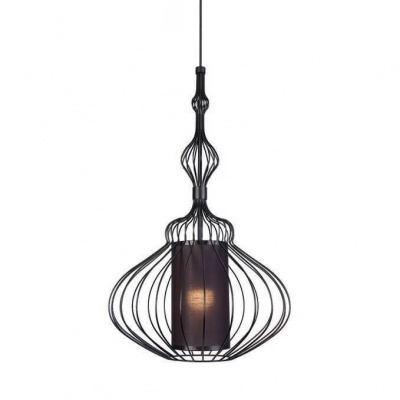 Candeeiro suspenso preto com estrutura de metal em forma de gaiola e cúpula cilíndrica