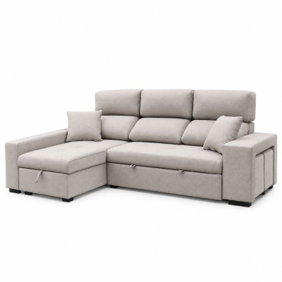 Sofá em tecido cinza com chaise longue e almofadas