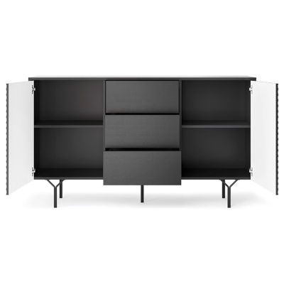 aparador preto com portas brancas abertas e gavetas centrais