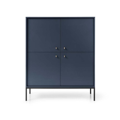 Armário azul escuro de quatro portas com puxadores metálicos e estrutura preta