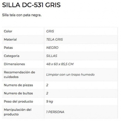 Tabela com informação do produto SILLA DC-531 GRIS, cadeira cinzenta com patas pretas