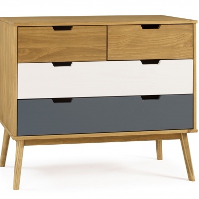 Cómoda de madeira com gavetas coloridas e pés inclinados