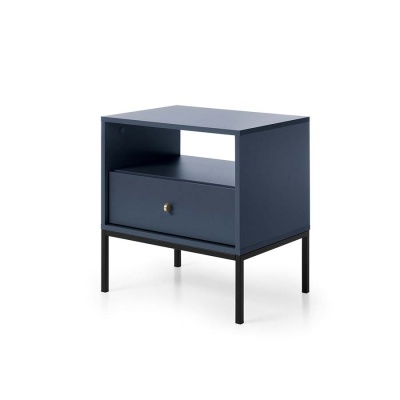 Mesa de cabeceira azul escura com gaveta e estrutura metálica preta